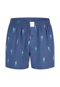 Pantalones cortos azul marino con un patrón de loro, fabricados en tela ligera, con una cinturilla elástica y cierre delantero con botón.