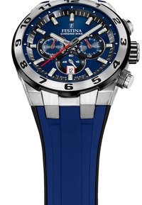 Montre chronographe bleue avec boîtier et lunette en acier inoxydable, bracelet en caoutchouc, cadran bleu, accents argentés et détails rouges sur les sous-cadrans.
