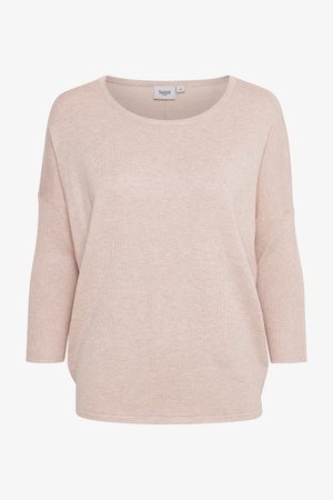 Heled roosa, lõdvalt istuv pullover, millel on ümmargune kaelus ja kolmeveerandi pikkused varrukad. Pehme kudumine ja ribakujundus varrukatel.