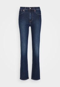 Tmavě modré džíny s přiléhavým topem a rozšířeným lemem, vyrobené z denimu. Mají zapínání na knoflík, pět kapes a viditelné švy.
