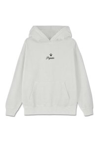 Hanorac alb cu glugă, prevăzut cu un buzunar frontal. Prezintă un text minimalist de culoare neagră "Pegador" cu un design decorativ de frunze deasupra. Material din bumbac.
