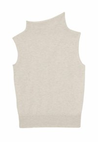 Ljust grå ärmlös topp med hög krage och en stilren asymmetrisk söm, mot en enkel vit bakgrund.