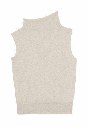 Top senza maniche grigio chiaro con colletto alto e una cucitura asimmetrica elegante, su uno sfondo bianco semplice.