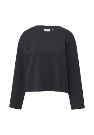 Schwarzer, strukturierter Pullover mit Rundhals, langen Ärmeln und einem verkürzten Design. Der Stoff wirkt gewebt und hat ein dezentes Muster.