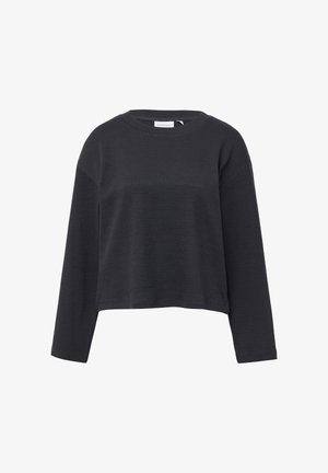 Pull noir texturé avec un col rond, des manches longues et une coupe courte. Le tissu semble tissé avec un motif subtil.