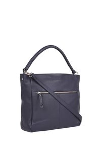 Borsa in pelle blu navy con finitura testurizzata, manico superiore e tracolla regolabile. Presenta una tasca frontale con zip e accenti in metallo argentato.