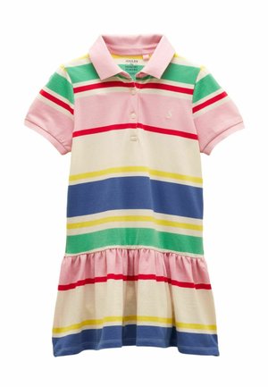 Children's short-sleeve polo dress with pink collar, multi-colored horizontal stripes, and a gathered skirt section.