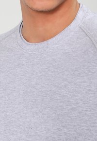 Ljusgrå crew-neck sweatshirt med en mjuk textur, som har en ribbad halsringning och subtila sömnadsdetaljer längs axlarna.