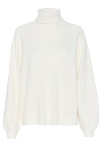 Kremowy sweter z długim rękawem i golfem, z prążkowanymi mankietami, dołem i kołnierzem, o luźnym kroju i gładkiej strukturze dzianiny.