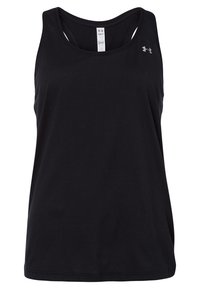 Débardeur de sport noir sans manches avec dos nageur et petit logo Under Armour sur la partie supérieure gauche de la poitrine, taille petite.