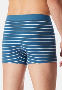 Boxer shorts a righe blu con una morbida cintura elastica e un design aderente. Le righe sono bianche su uno sfondo blu.