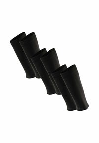 Calze nere fino al ginocchio, texture a coste, materiale elasticizzato, sei paia allineati diagonalmente, estremità lisce con aperture elastiche.
