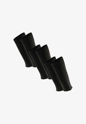 Černé podkolenky, ribbovaný vzor, elastický materiál, šest párů seřazených diagonálně, hladké vršky se elastickými otvory.