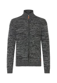 Suéter de punto en gris oscuro y negro jaspeado, con cremallera, cuello alto y puños y dobladillo acanalados.