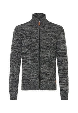 Dunkelgrau und schwarz meliertes Strick-Zip-Over mit hohem Kragen sowie gerippten Bündchen und Saum.