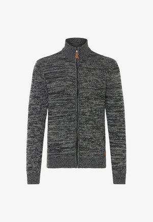 Pull en maille noir et gris foncé chiné, à fermeture éclair, avec un col montant et des poignets et un ourlet côtelés.