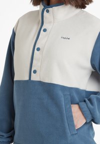 Person wearing a blue and white fleece pullover with snap buttons and a side pocket, hand partially inside the pocket.