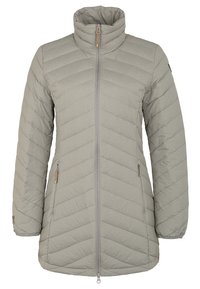 Light grey insulated jacket with a standing collar, chevron stitching, front zipper closure, and side pockets with zipper accents.