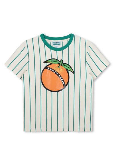 T-shirt bianca a maniche corte con strisce verdi, caratterizzata da una grafica arancione con una foglia e il testo "KENZO PARIS" sul davanti.