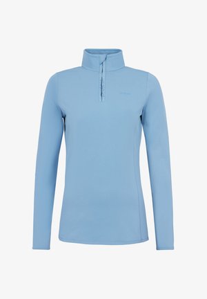 Lys blå langærmet top med halv lynlås krave og minimal syning detaljer. Har et logo på venstre side af brystet.