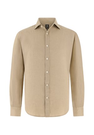 Chemise beige à manches longues pour homme avec patte de boutonnage et col pointu, présentée sur fond blanc.