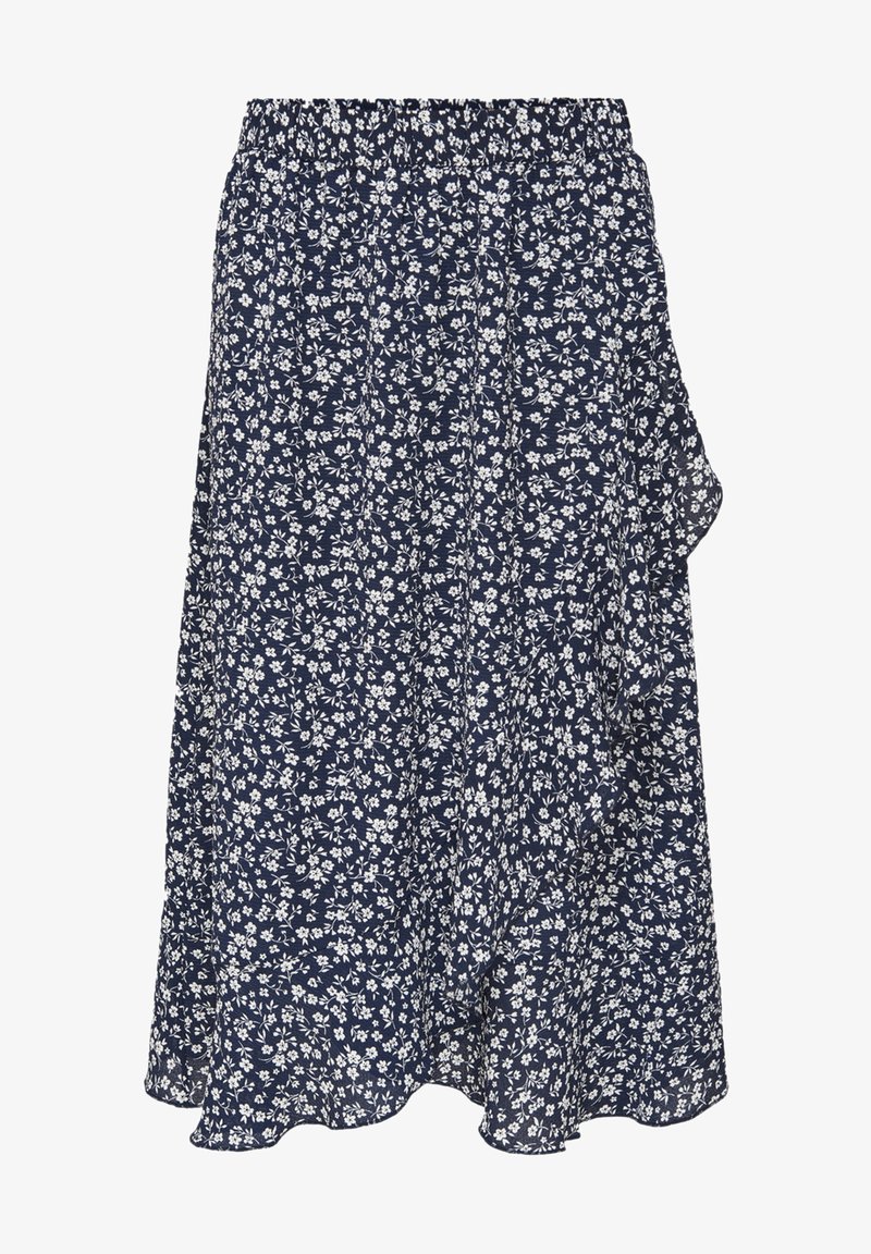 Saia floral azul marinho feita de um tecido leve. Apresenta uma cintura elástica, design envolvente e padrões de flores brancas por toda a peça.