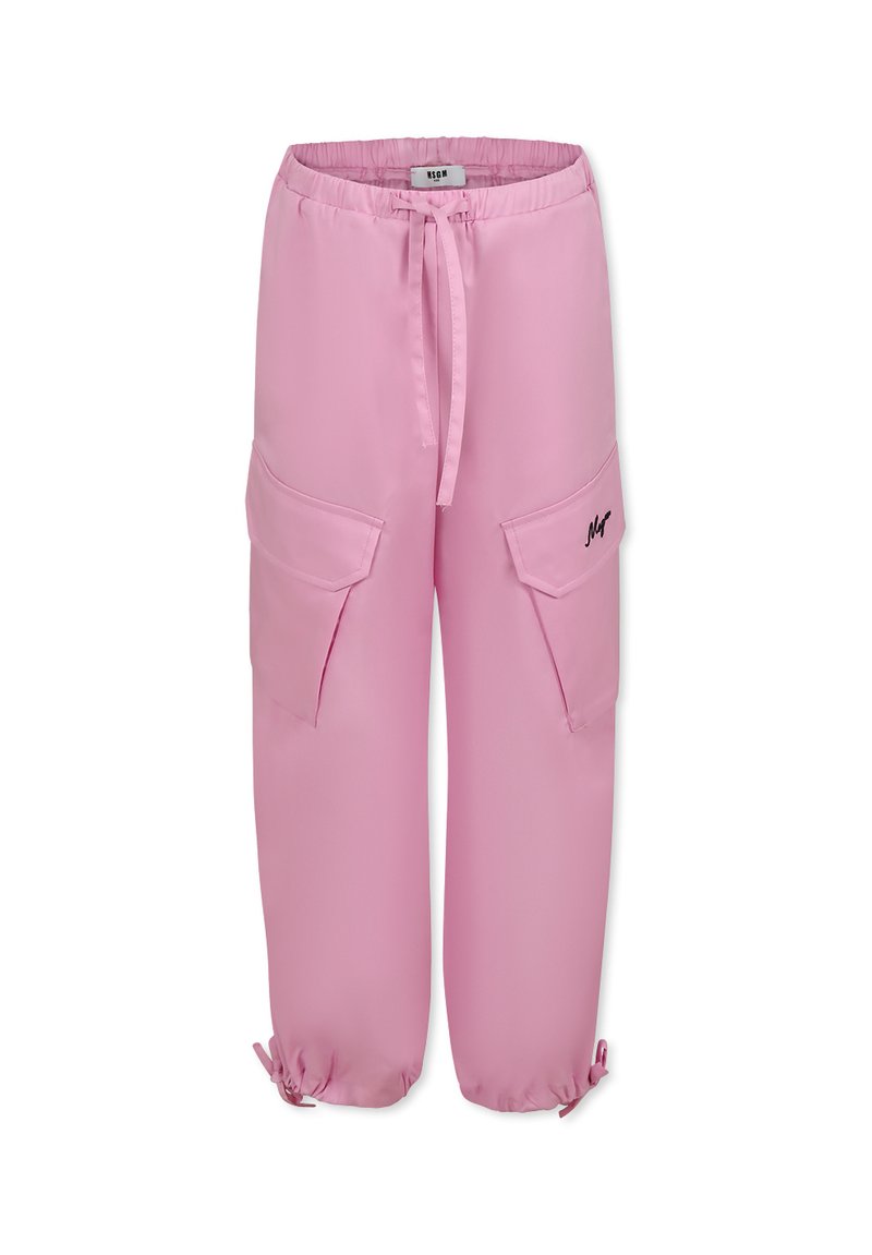 Roze cargobroek van gladde stof, met twee voorzakken, een elastische tailleband met trekkoord en elastische boorden bij de enkels.