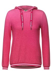 Pink hoodie with a textured finish, drawstrings with "FOLLOW YOUR HEART" text, and striped cuffs and hem in contrasting colors.