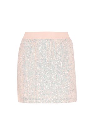 Mini suknja s perlicama koja ima prilagodljivu elastičnu waistband; ima mekanu pastelnovu ružičastu podlogu s sjajnim svijetlo plavim detaljima i teksturiranim završetkom.