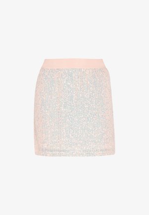 Mini spódnica z koralikami z dopasowanym elastycznym pasem; charakteryzuje się miękkim, pastelowym różowym tłem z błyszczącymi, jasnoniebieskimi akcentami i teksturowanym wykończeniem.