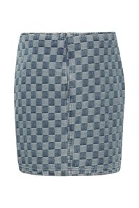 Jeans krilo z modrim in svetlomodrim kvadratnim vzorcem, prilegajočo silhueto in zadrgo na hrbtni strani.