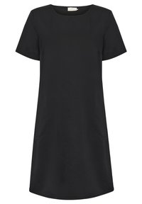 Vestido corto negro de manga corta, diseño en A, escote redondo, dos bolsillos frontales y una textura suave. Silueta simple y versátil.