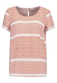 Blusa de manga corta en color coral con patrones geométricos, que presenta un escote redondo y un detalle de abertura en la parte posterior. Tela ligera y fluida.