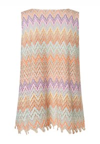 Multikleurige mouwloze top met een zigzagpatroon in pastelkleuren van oranje, paars en teal, met een gekartelde zoom. Textuurstof.