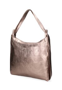 Borsa a spalla in bronzo metallico con una texture liscia, forma arrotondata e doppi manici. Ha un ampio scomparto principale.