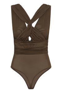 Καφέ αμάνικο κορμάκι με στριφογυριστούς χιαστί ιμάντες και ριπ λεπτομέρειες στη μέση και το στήθος, φτιαγμένο από διαφανές ύφασμα.