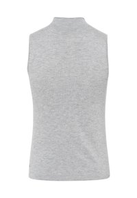 Top grigio senza maniche a collo alto, realizzato in tessuto leggero e morbido, con una forma aderente e una texture liscia, caratterizzato da un design pulito e minimalista.