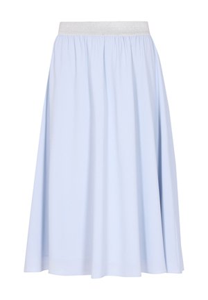 Világoskék midi szoknya puha anyagból, ráncolt mintával és fényes ezüst elasztikus derékkal. Síma szegély alul.