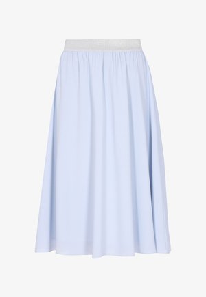 Világoskék midi szoknya puha anyagból, ráncolt mintával és fényes ezüst elasztikus derékkal. Síma szegély alul.