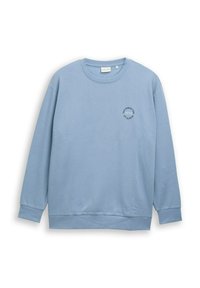 Lichtblauwe sweatshirt met lange mouwen, ronde hals en klein zwart rond logo op de linkerborst met de tekst "Tom Tailor 1962."