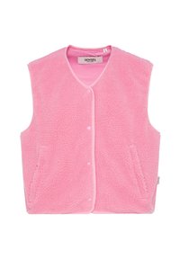 Fleece-Weste in leuchtendem Pink, mit weicher Textur, V-Ausschnitt, zwei seitlichen Taschen und Druckknopfverschluss auf der Vorderseite.