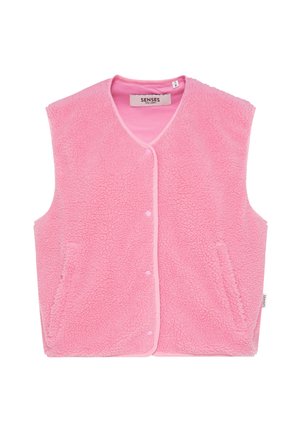 Fleece vest in bright pink, featuring a soft texture, V-neckline, two side pockets, and snap-button closure along the front.