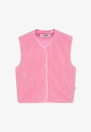 Fleece vest in bright pink, featuring a soft texture, V-neckline, two side pockets, and snap-button closure along the front.