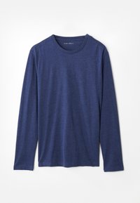 Hosszú ujjú póló sötét tengerészkék színben, puha pamut keverék anyagból készült, kerek nyakkivágással és laza kialakítással. Nincs mintázata vagy díszítése.