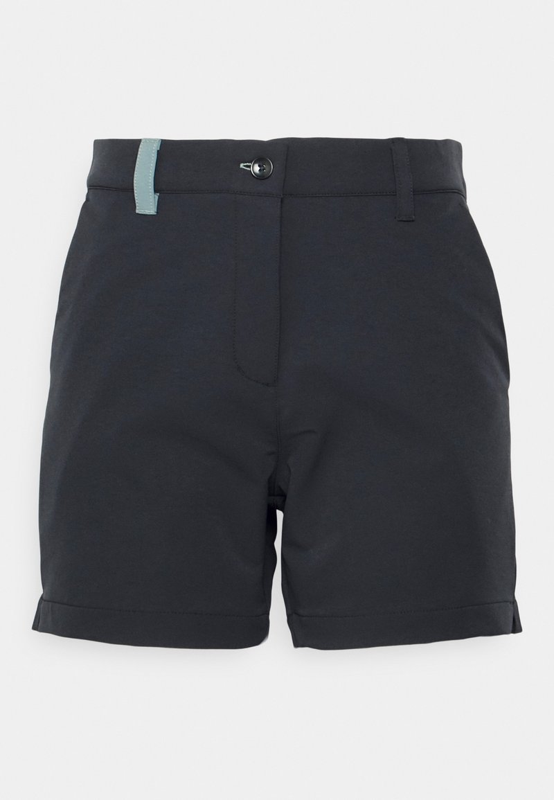 Dunkelblaue Shorts aus glattem Stoff, mit einem Knopfverschluss und einem kleinen hellblauen Akzent am Bund. Umschlagärmel.