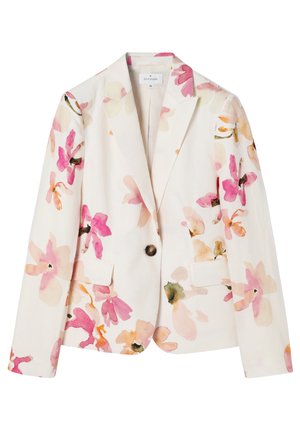Blazer blanc avec un unique bouton marron, col à revers cranté, et imprimé floral aquarelle en rose, pêche et vert clair, taille 36 par Tatuum.