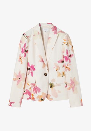 Blazer blanc avec un unique bouton marron, col à revers cranté, et imprimé floral aquarelle en rose, pêche et vert clair, taille 36 par Tatuum.