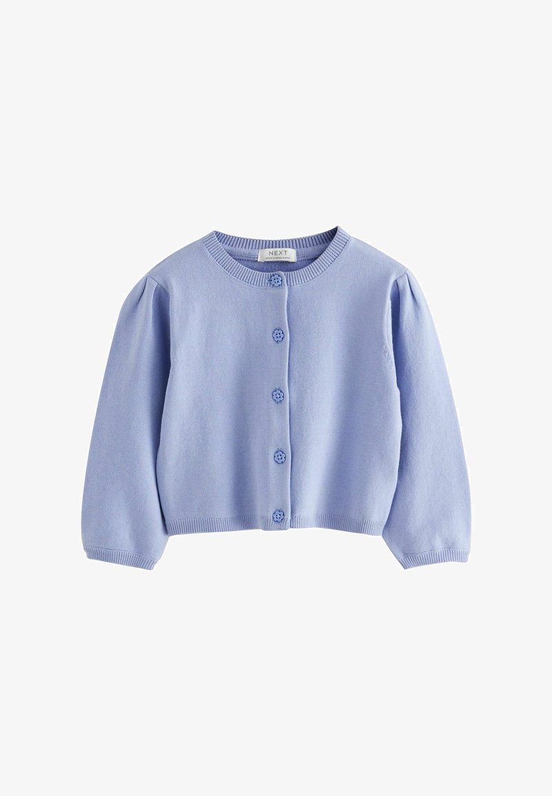 Light blue long-sleeve cardigan with round neck and five flower-shaped buttons down the front, made of soft knit fabric.