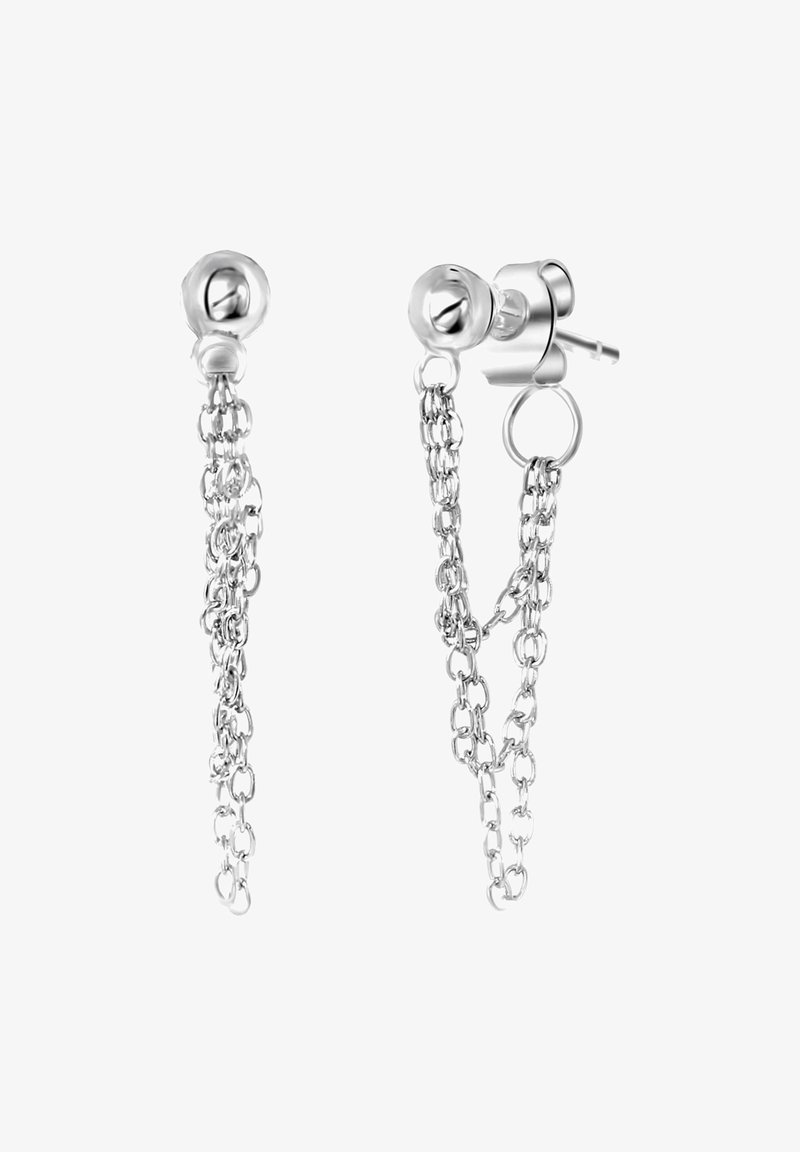 Boucles d’oreilles clous en argent avec de petites chaînes doubles pendantes reliant la tige et l’arrière.