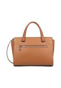 Borsa a mano in pelle tan con due manici superiori, tracolla rimovibile e tasca frontale con zip. Presenta un design strutturato e una superficie testurizzata.